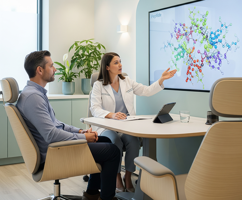 A medical professional explaining peptide treatment options to a patient during a wellness consultation.