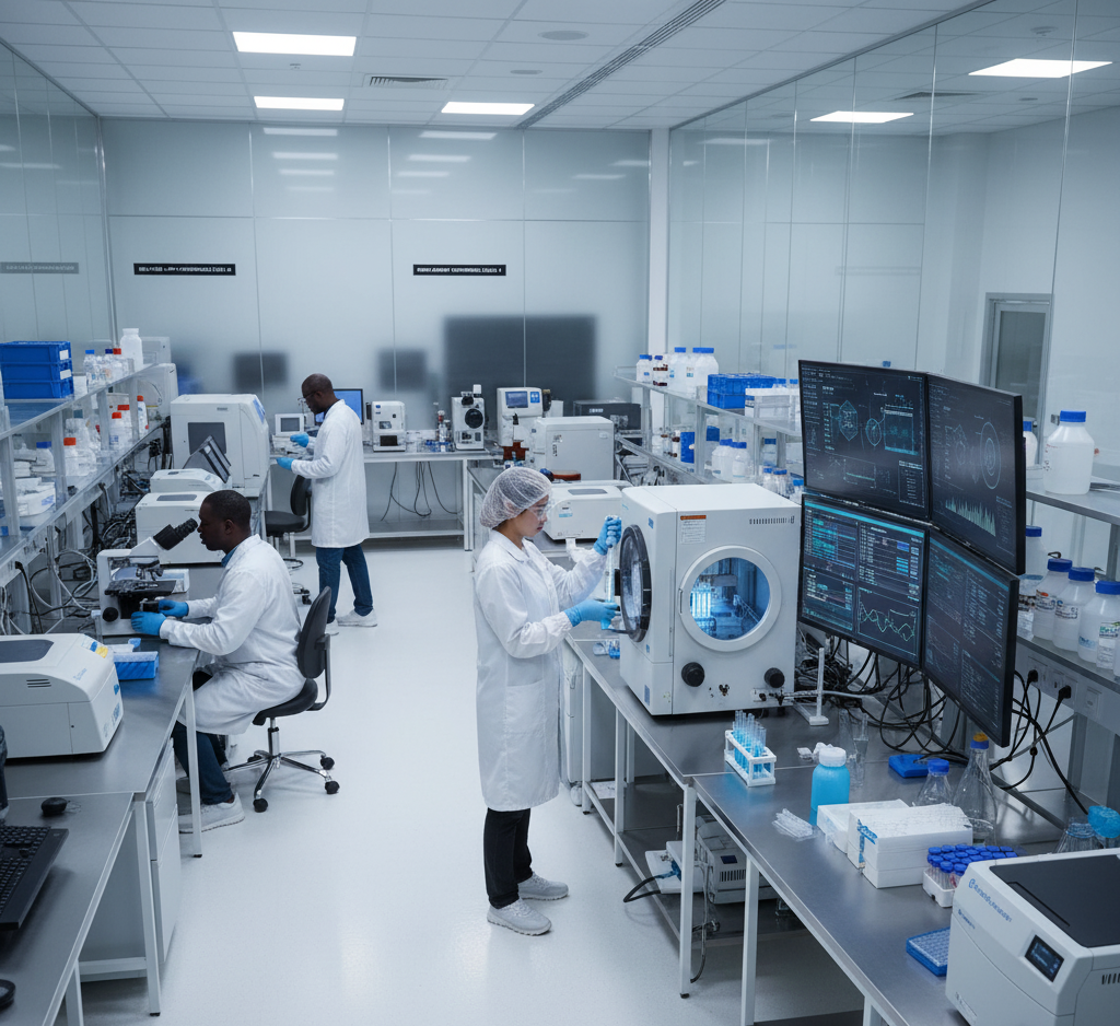 A professional lab technician analyzing peptides under advanced laboratory equipment to ensure purity and compliance.