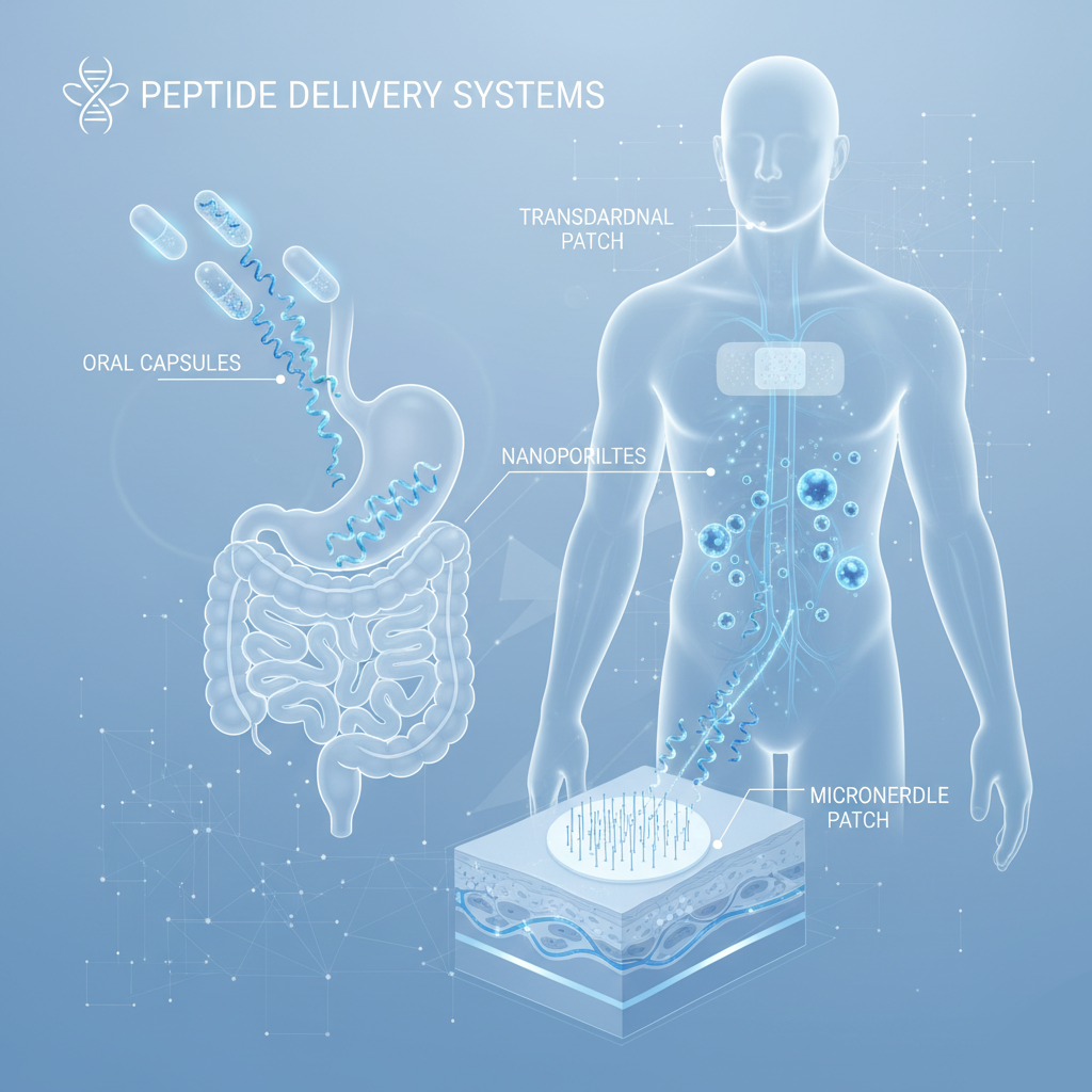 Illustration of modern peptide delivery systems highlighting nanoparticles, oral capsules, and transdermal patches