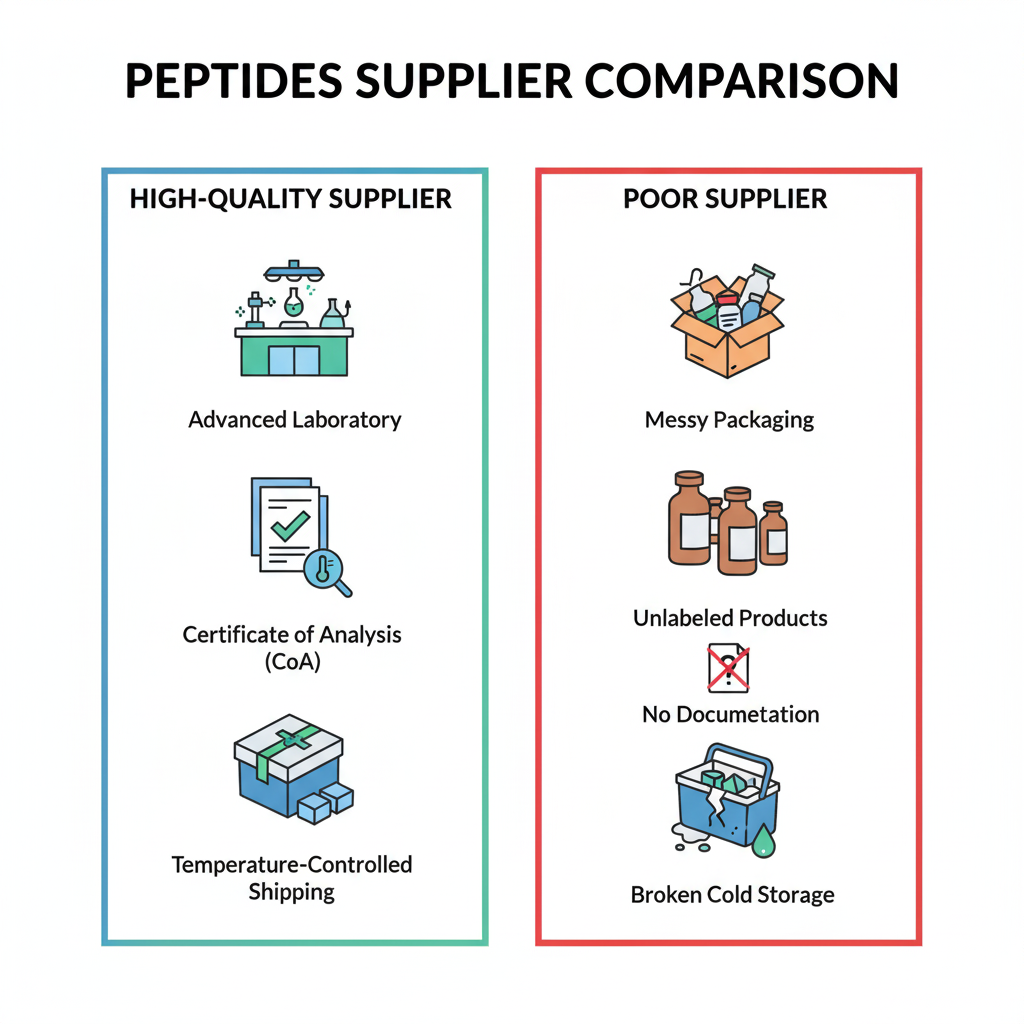 A comparison chart showing quality control differences between a good peptides supplier and a poor peptides supplier.