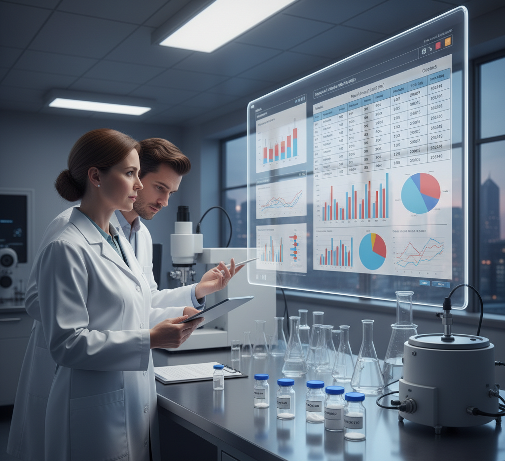 A researcher reviewing documents while evaluating prospective peptide suppliers.