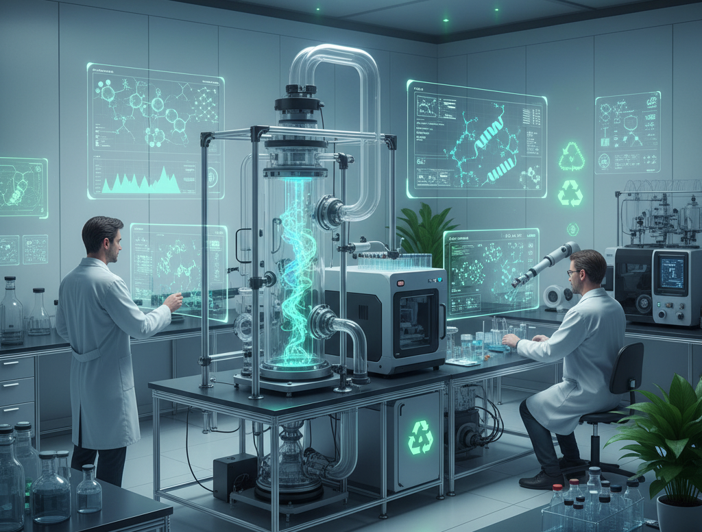 Automated peptide synthesis setup showing flow chemistry system and microwave-assisted reactor for peptide production