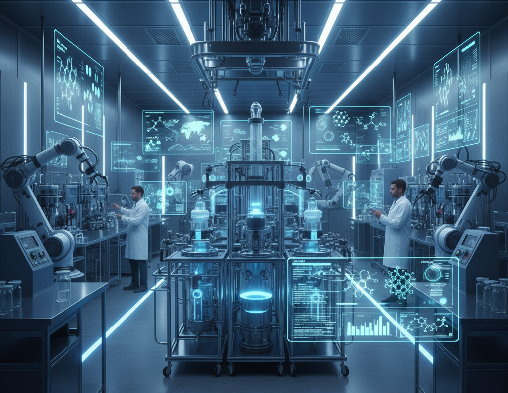 Automated peptide synthesis system using AI and flow chemistry to optimize production time and reduce manufacturing costs