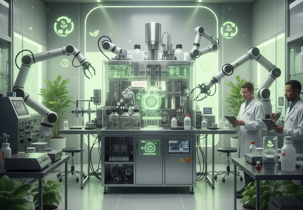 Automated peptide synthesizer in a modern laboratory representing green chemistry and innovation in peptide synthesis