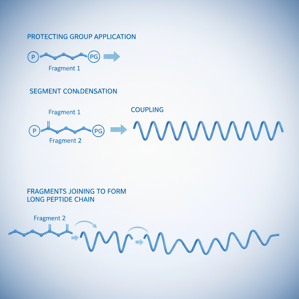 Diagram showing peptide synthesis process with protecting groups and segment condensation reactions in laboratory setting