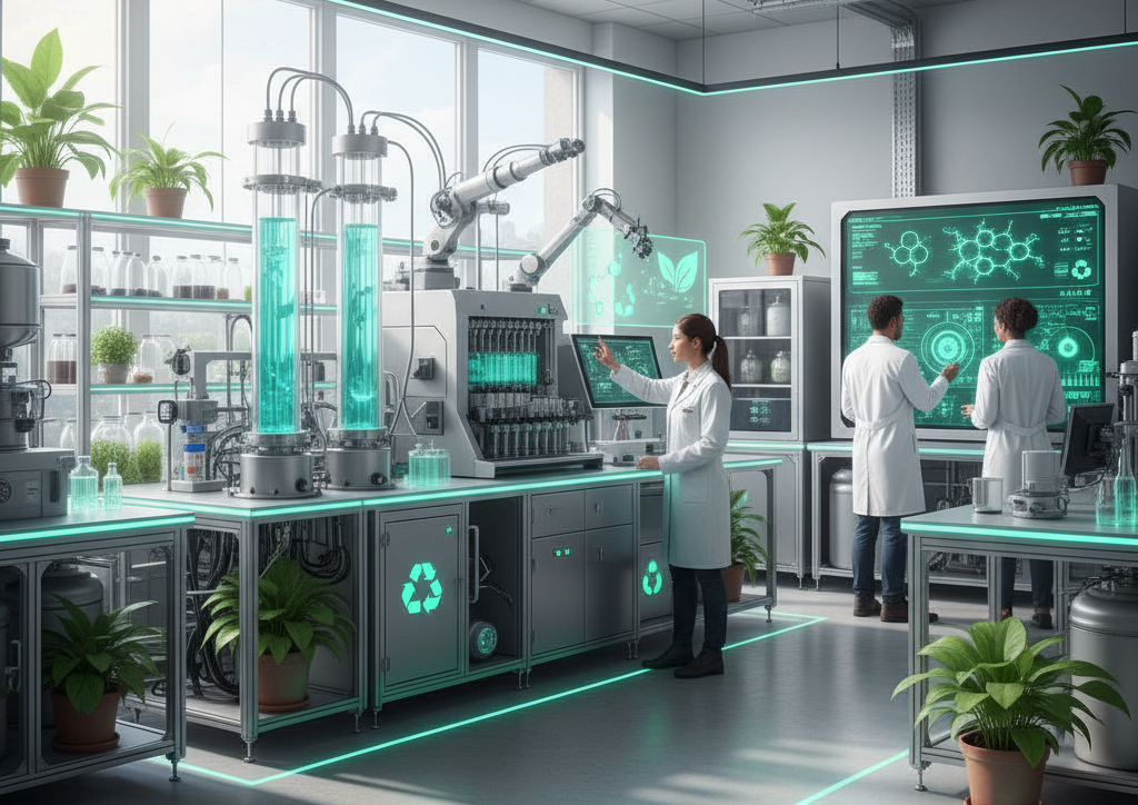 Eco-friendly peptide manufacturing lab using green chemistry techniques with modern automated synthesis systems