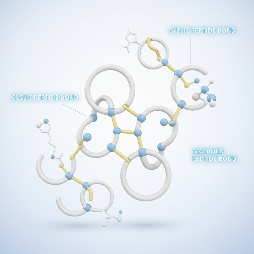 Illustration of complex peptide structures highlighting cyclic, disulfide-rich, and modified peptide formations.