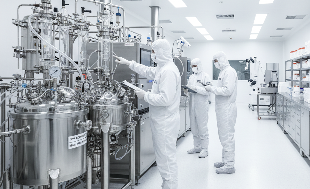 Laboratory quality control team ensuring regulatory compliance for peptide API production