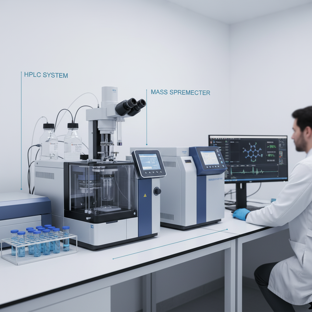 Laboratory scientist analyzing peptide samples using HPLC and mass spectrometry for quality control validation