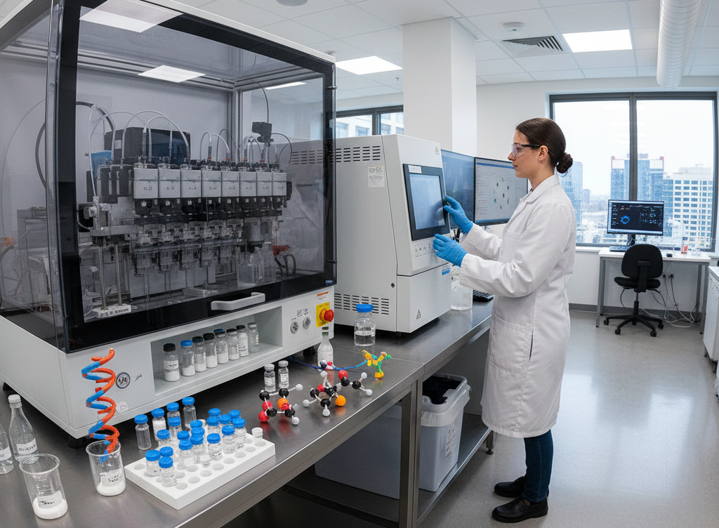 Laboratory scientist performing solid-phase custom peptide synthesis using automated synthesizer