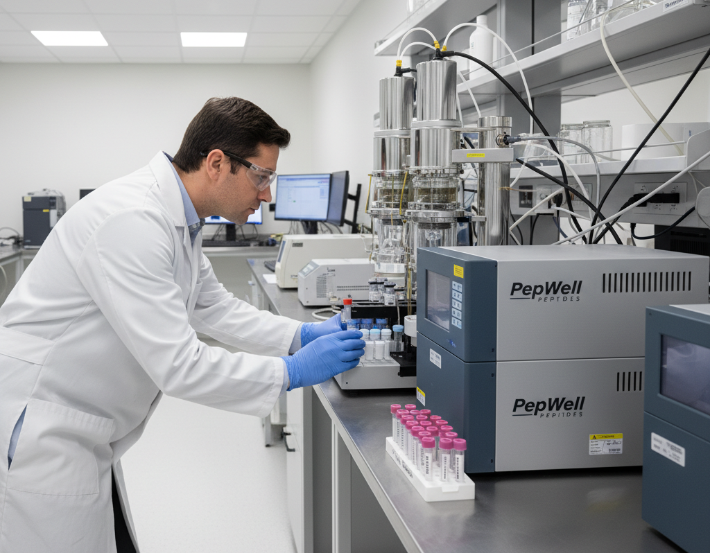 Quality control expert analyzing peptide samples in a modern laboratory at PepWell Peptides