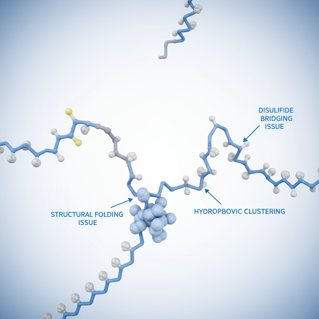 Scientific illustration showing peptide chains with structural folding and chemical modification challenges during synthesis