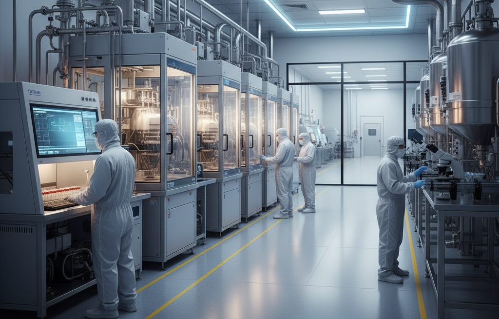 Technicians monitoring peptide synthesis reactors during large-scale peptide production