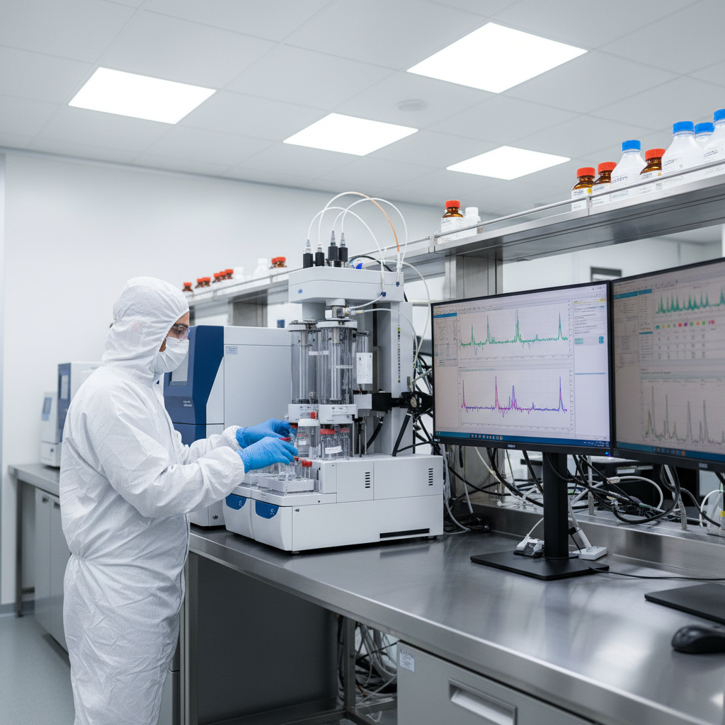 A laboratory scientist analyzing peptide samples using HPLC and mass spectrometry instruments