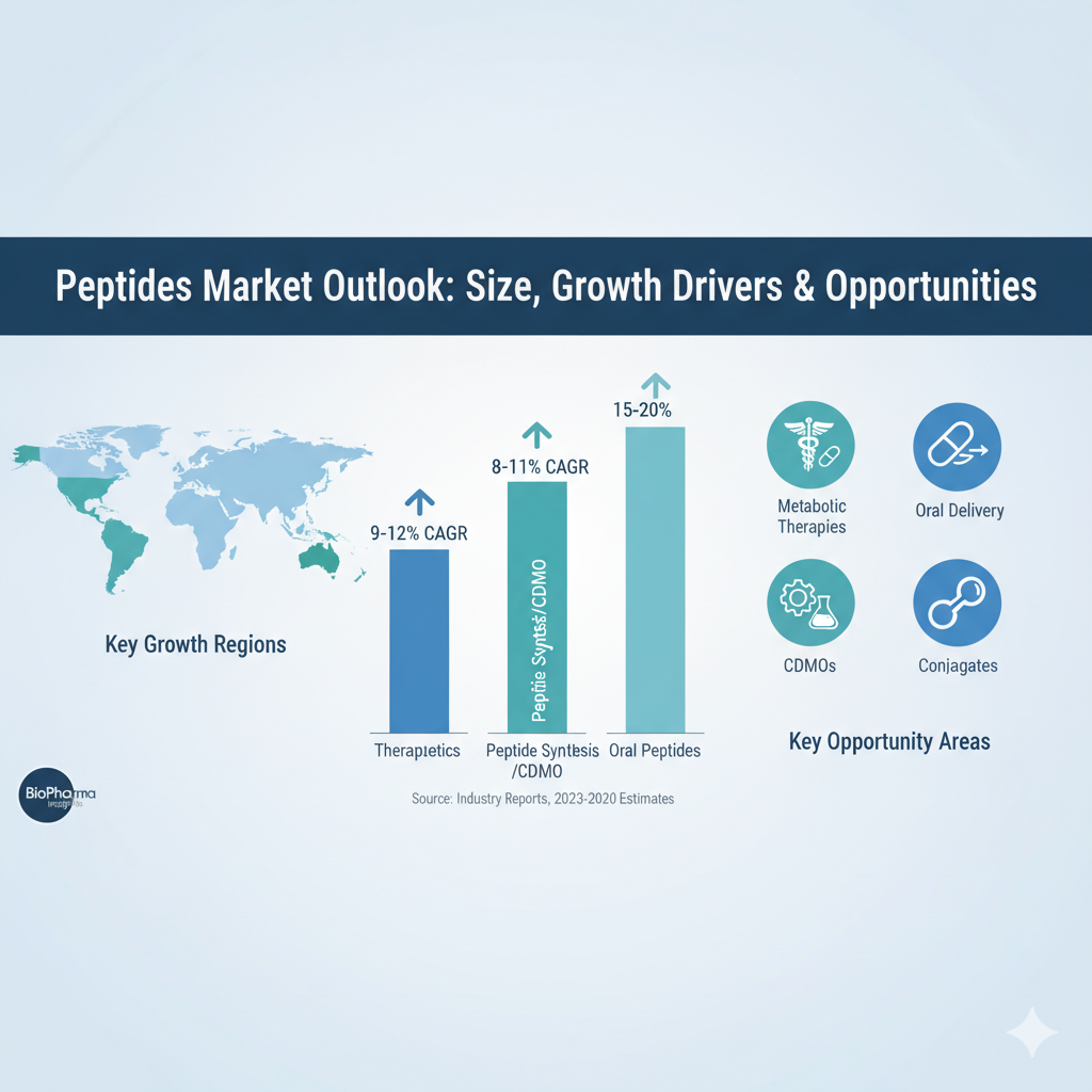 Graphical overview of the peptides market global growth, CAGR, therapeutic and synthesis opportunity areas