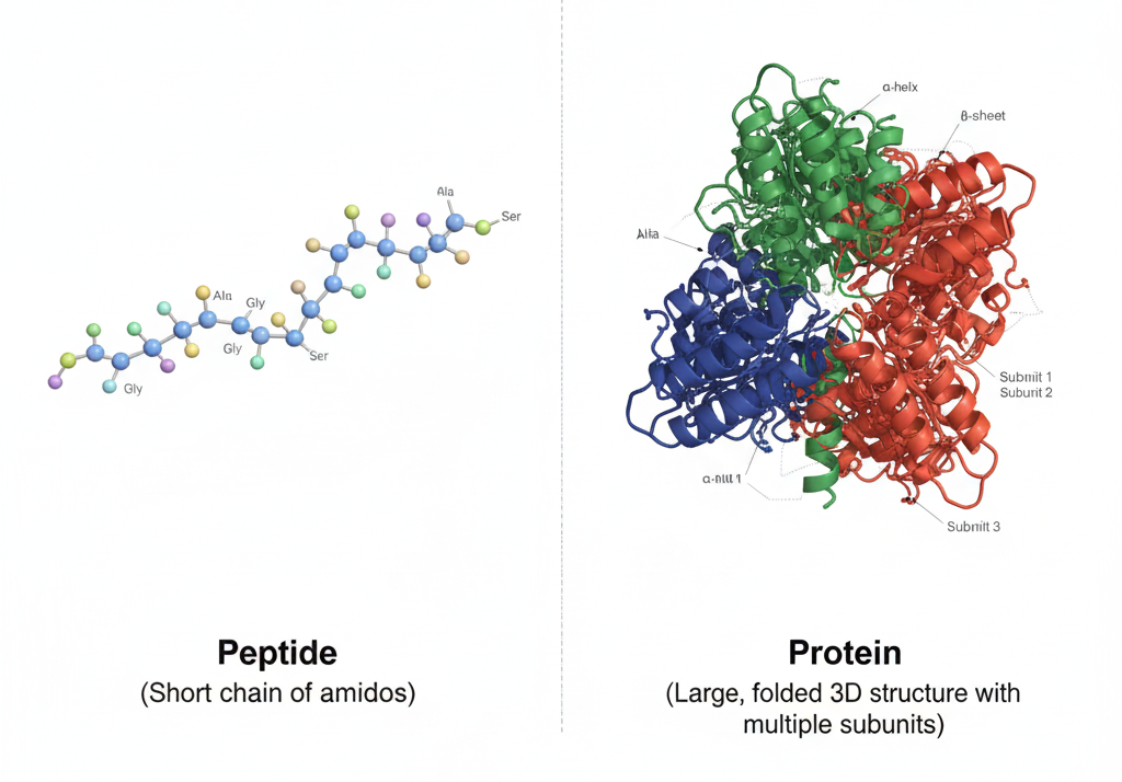 Illustration comparing peptide and protein structures showing molecular chain length and complexity