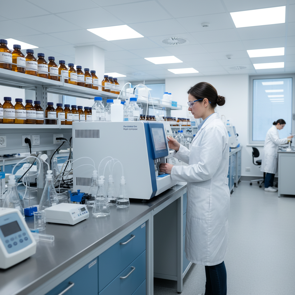 Laboratory chemist synthesizing peptides using advanced peptide synthesis equipment