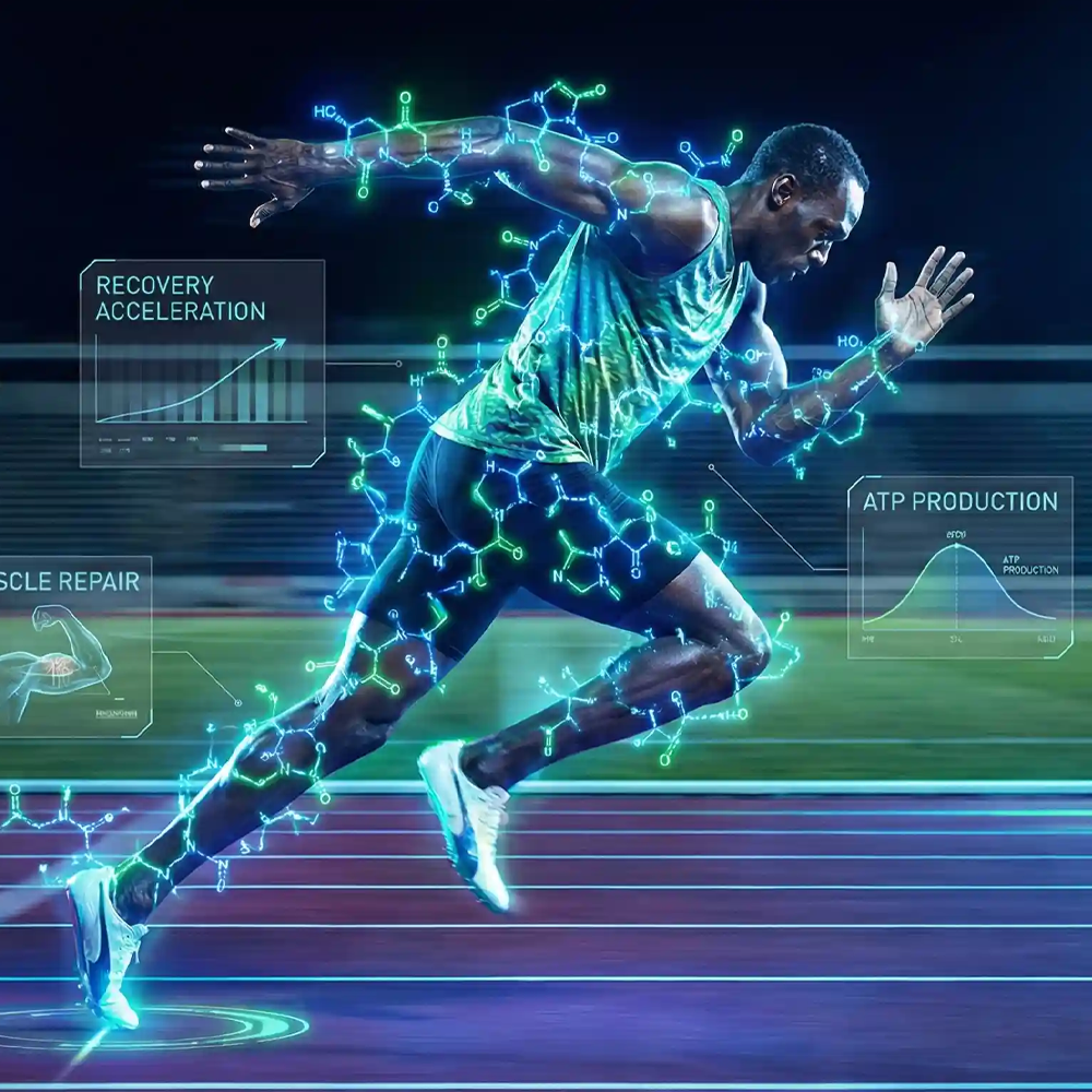 Athlete sprinting with molecular peptide structures overlayed, symbolizing enhanced performance and recovery 2